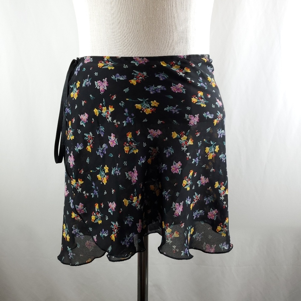 Black Sheer Floral Wrap Skirt Cover-up with Ribbon Tie